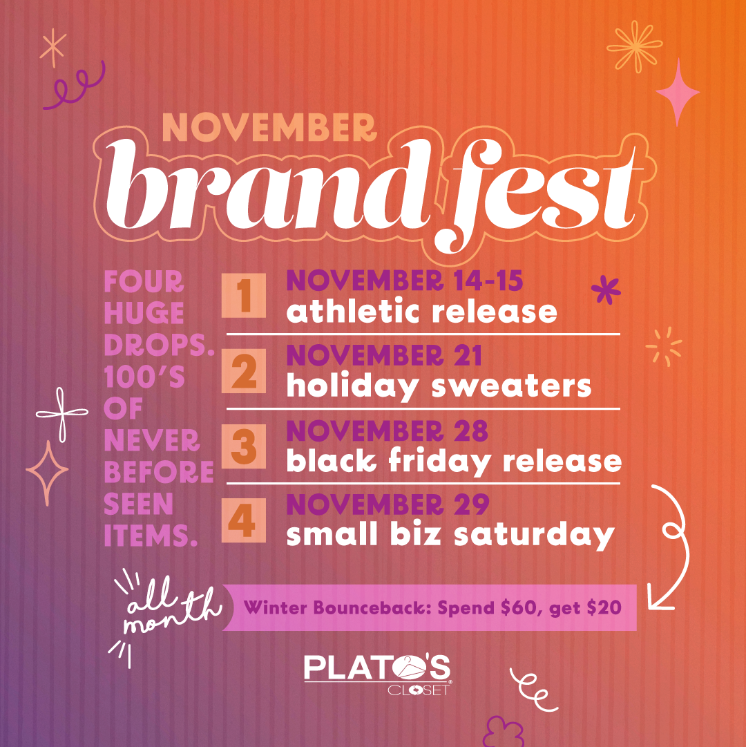 Brand Fest deals on a orange and purple aground with doodles of hearts and squiggles